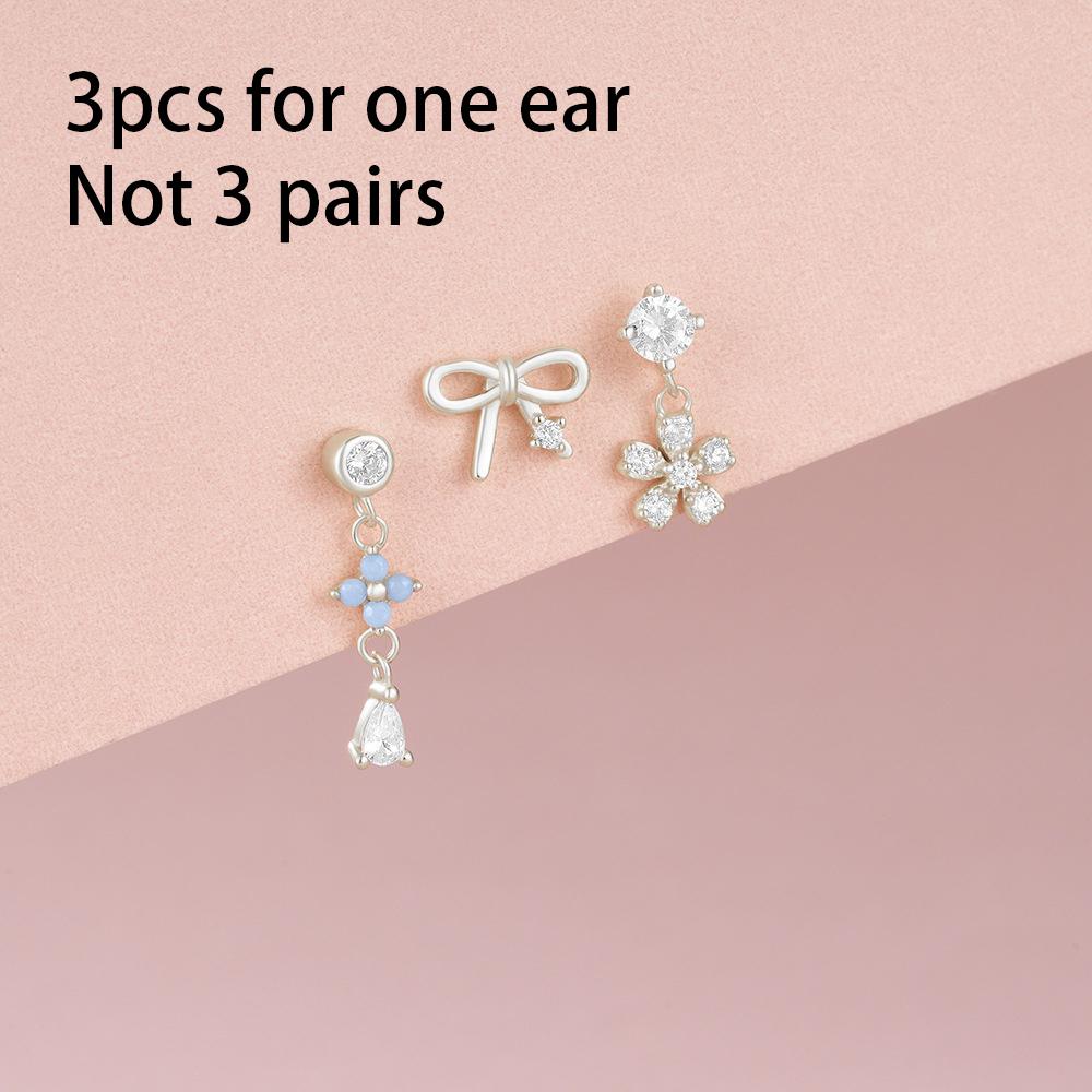 3PCS Stainless Steel Blue Opal Stone Flower Bowknot Petal Piercing Earrings Set For Women Statement Earring Party Jewelry aretes