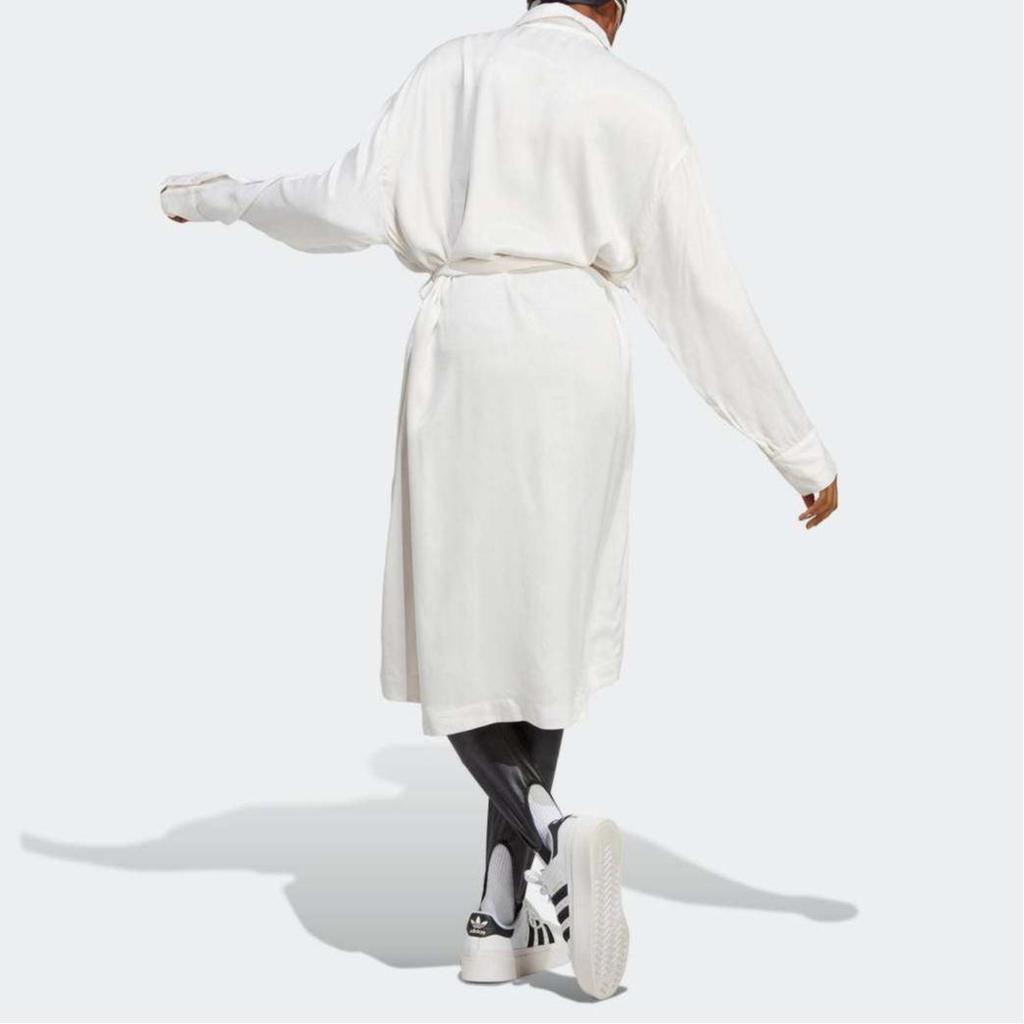 adidas Originals Blue Version Club Women's Long Sleeve Button Front Belted Loose Fit Casual Dress Core White IB5791