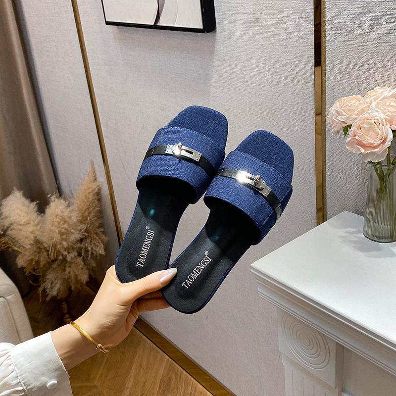 

Келли драг~ квадратный носок замок одно слово плоская подошва праздничные пляжные шлепанцы женские сандалии для улицы 35 синий