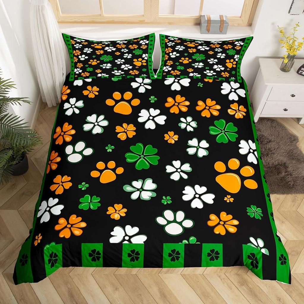St. Patrick'S Day Duvet Cover Full Queen Spring Gnomes Comforter Cover 2/3 Pcs Green Botanical Leaves Flower Clover Bedding Set