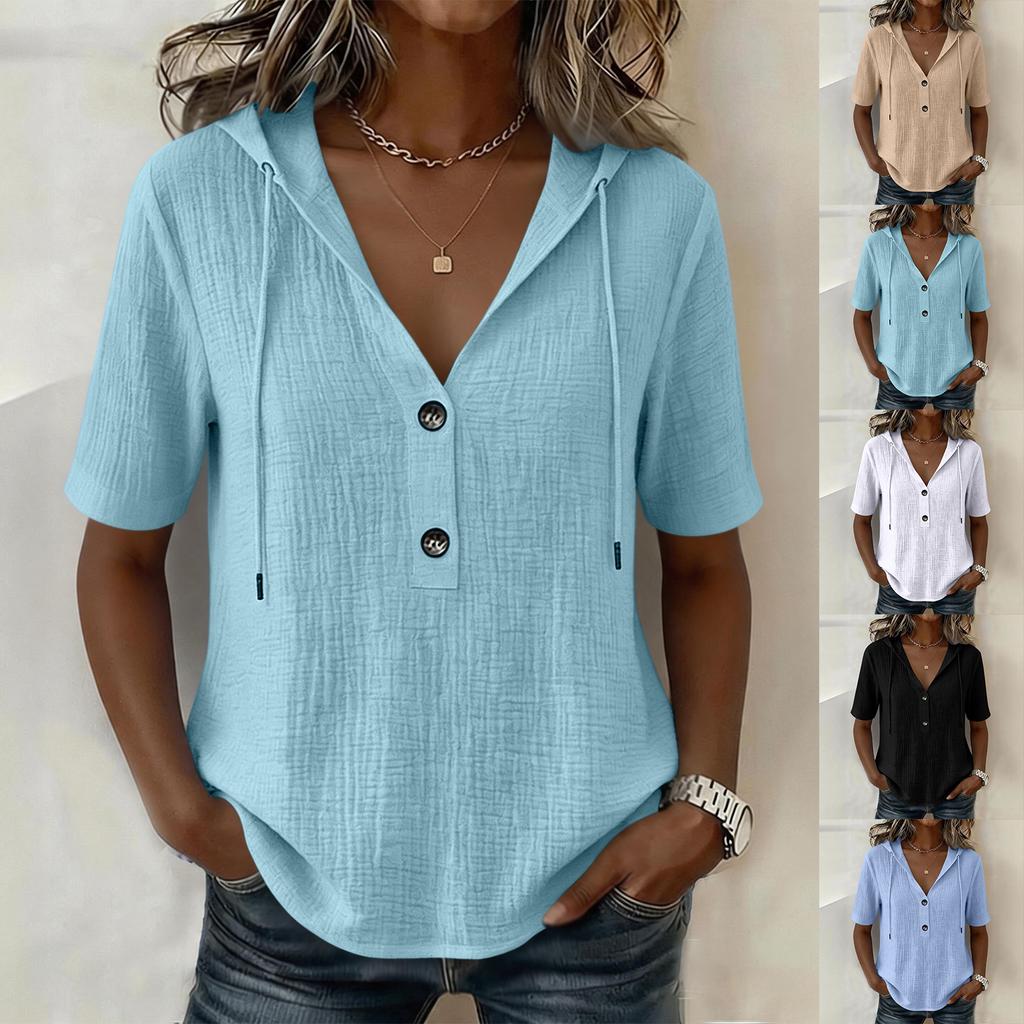 Women Casual Cotton Hooded Pullover Shirt Short Sleeve Drawstring V Neck Button Front Lightweight Blouse