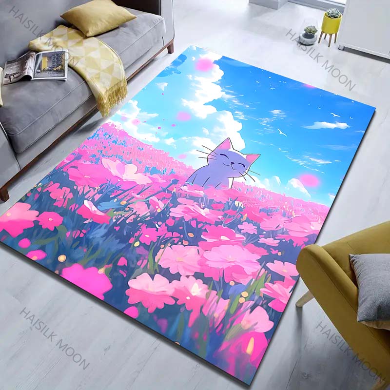 1PC Cat In Flower Field Pattern Rug Carpets for Bedroom Living Room Sofa Mat Creative Door Mat Cloakroom Home Decor
