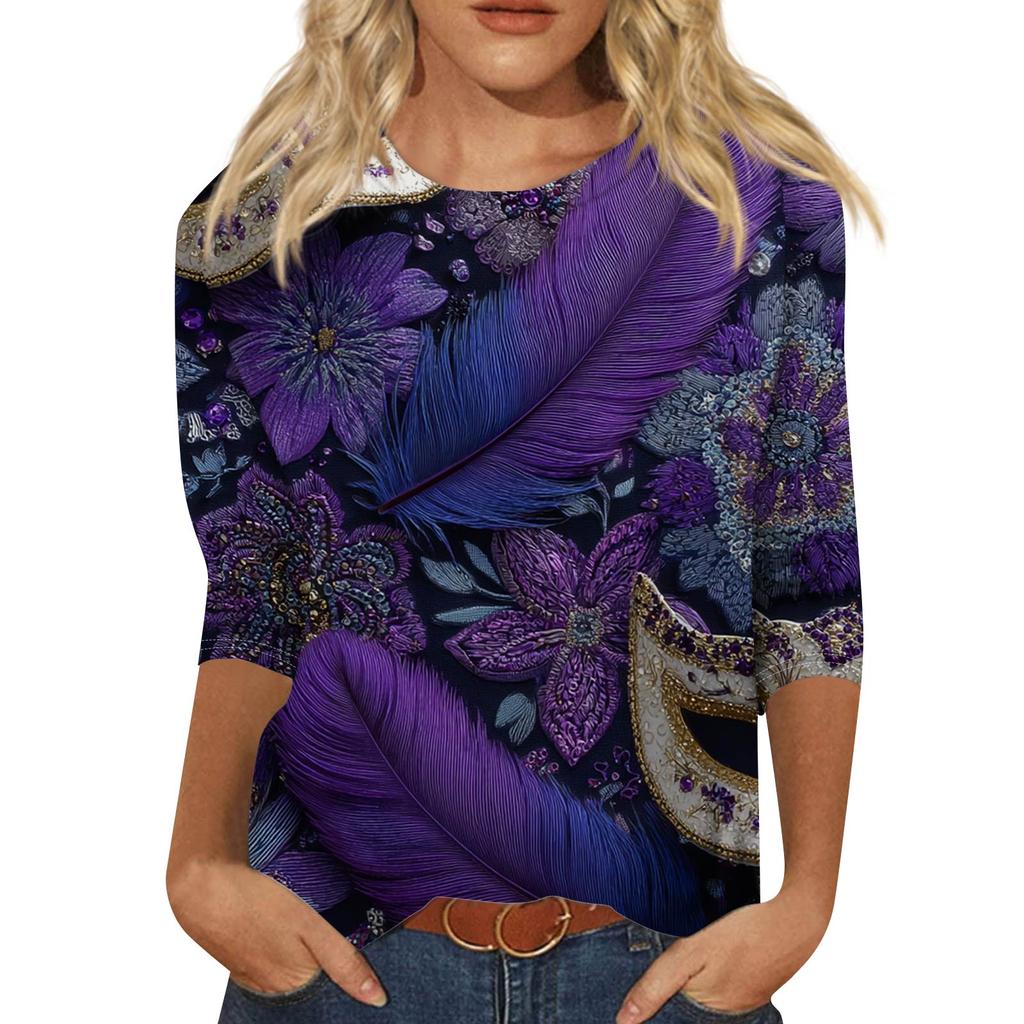 Women's Fashionable Casual Three-Quarter Sleeve Carnival Print Neck Top