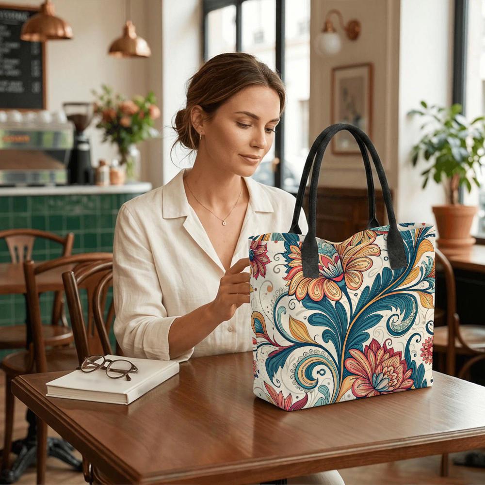 Boho Floral Print Casual Tote Bag Large Capacity Shopping Shoulder Handbag for Women Daily Use