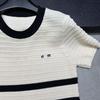 Miu Style 2026 Spring Round Neck Embroidered Stripe Knit Top - Short Sleeve, Youthful & Versatile.