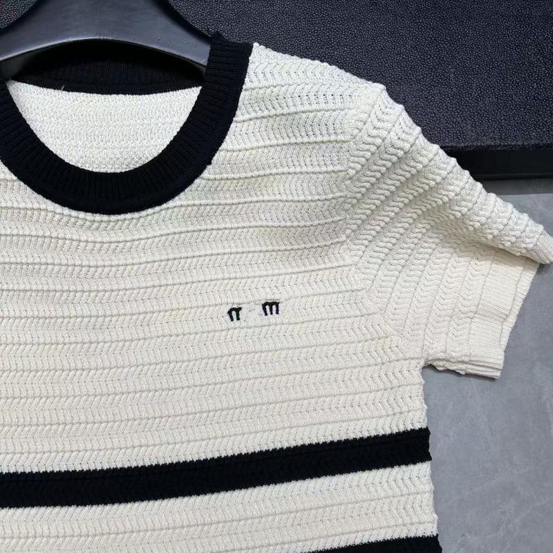 Miu Style 2026 Spring Round Neck Embroidered Stripe Knit Top - Short Sleeve, Youthful & Versatile.
