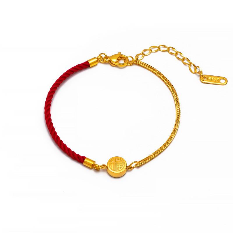 Gold Plated Titanium Steel Lucky Chinese Fu Charm Braided Rope Bracelet Women Fashionable Handmade Wristband