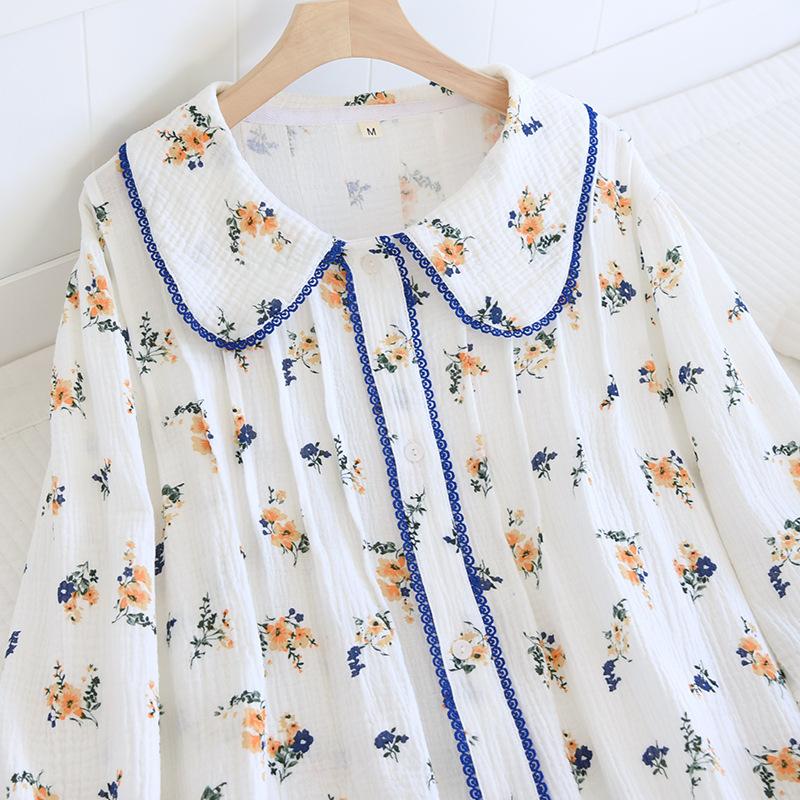 Spring and Summer New Style Women's Nightdress Japanese Cute Little Floral Long Sleeve Skirt Baby Neck Home Dress Nightdress