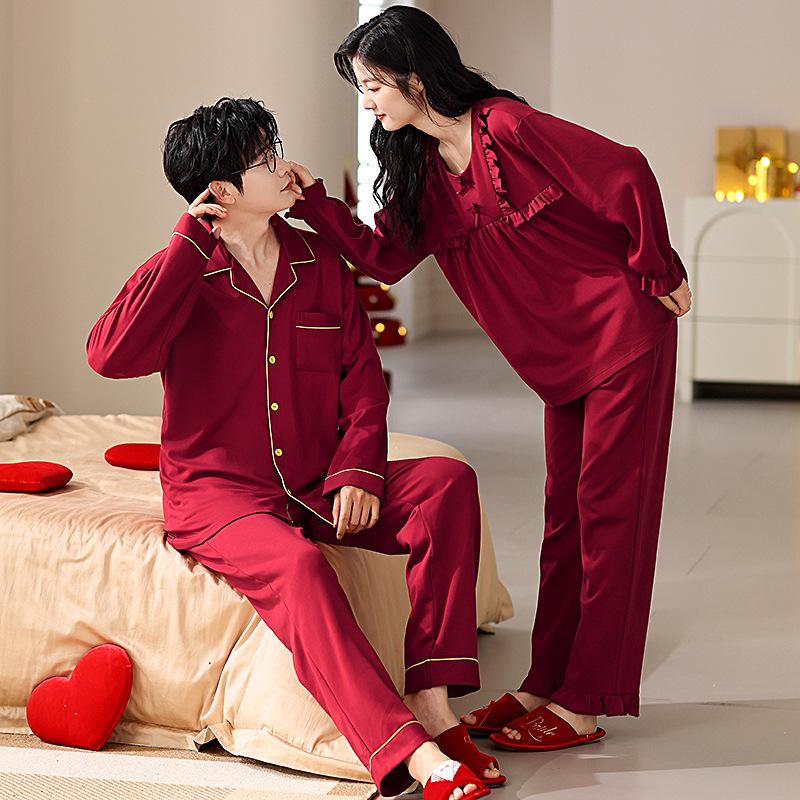 Red Newlywed Couple Pajama Set: Men's & Women's Long Sleeve Cotton Bridal Homewear for Spring and Autumn