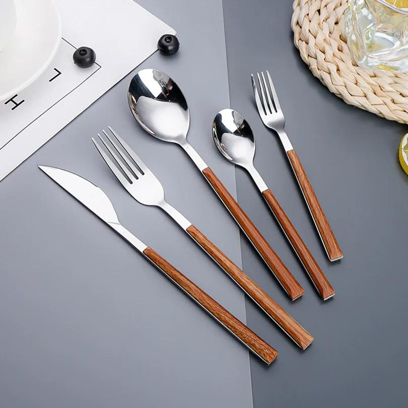 Stainless Steel Imitation Wooden Handle Cutlery Set Western Tableware Knife Fork Spoon Kitchen Flatware Set Dinnerware