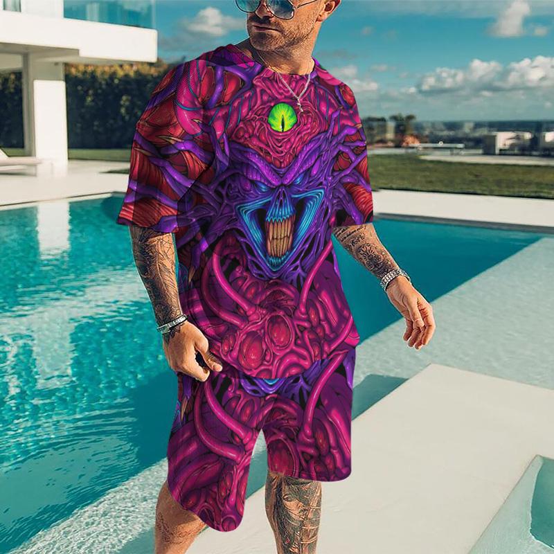

3D Printing Oversized Leisure Mens T Shirts Shorts Suit Three-Dimensional Graphic Retro Style O-NeckComfortable Breathable XS