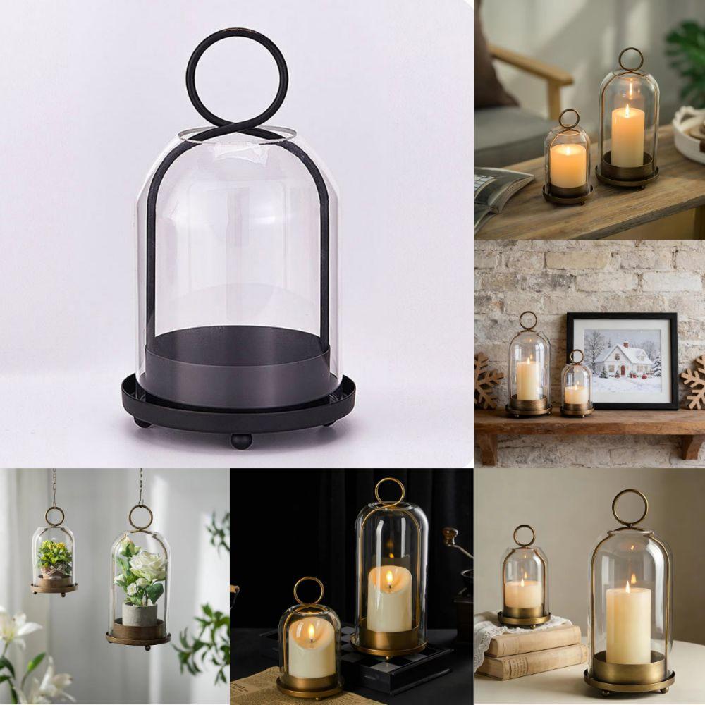 Glass Dome Metal Candle Holder Set Vintage Brass Table Candlelight Ornaments Hanging Decor