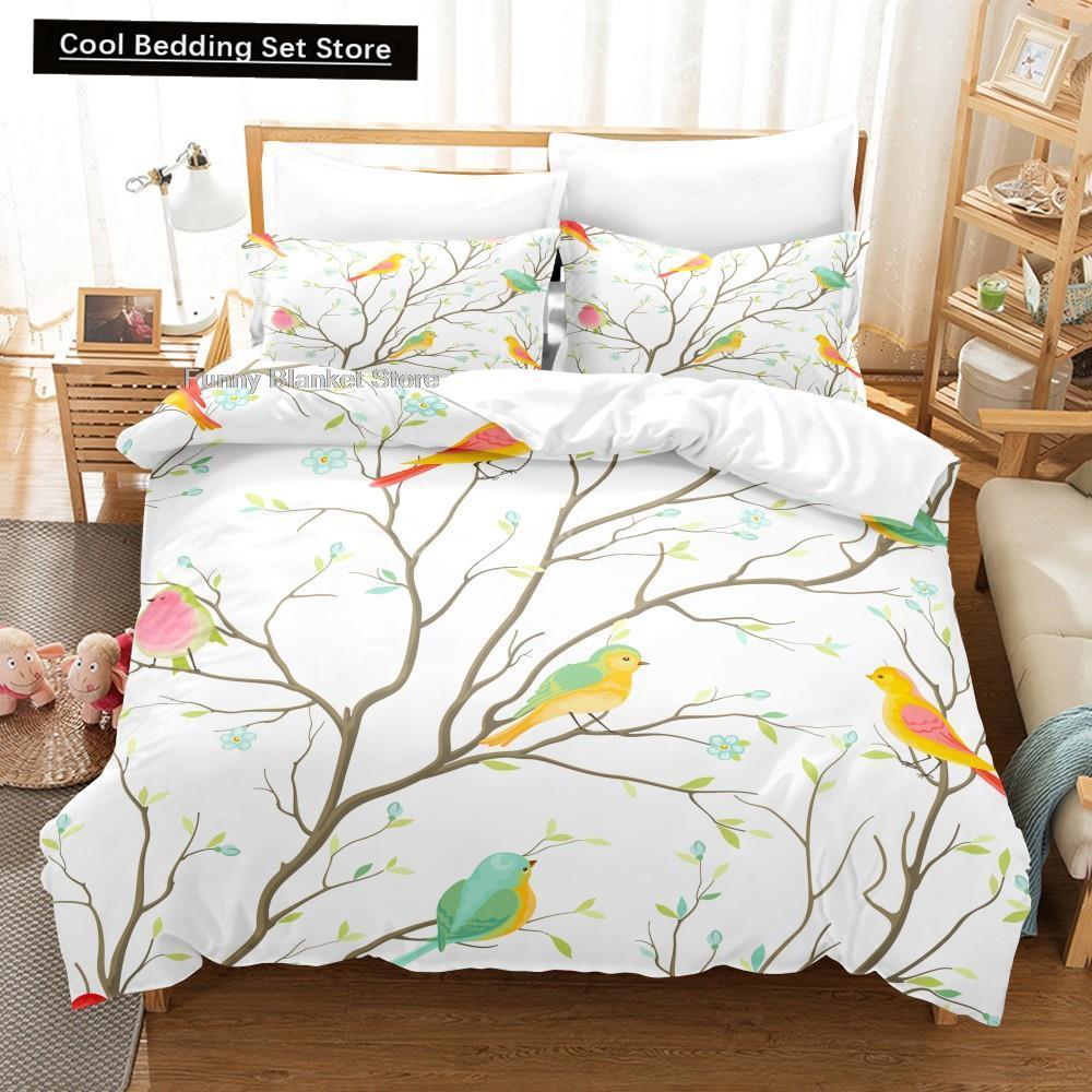 Cartoon Bird Print King Queen Duvet Cover Colorful Cute Pet Birds Bedding for Adult Fashion Animal 2/3pcs Polyester Quilt Cover