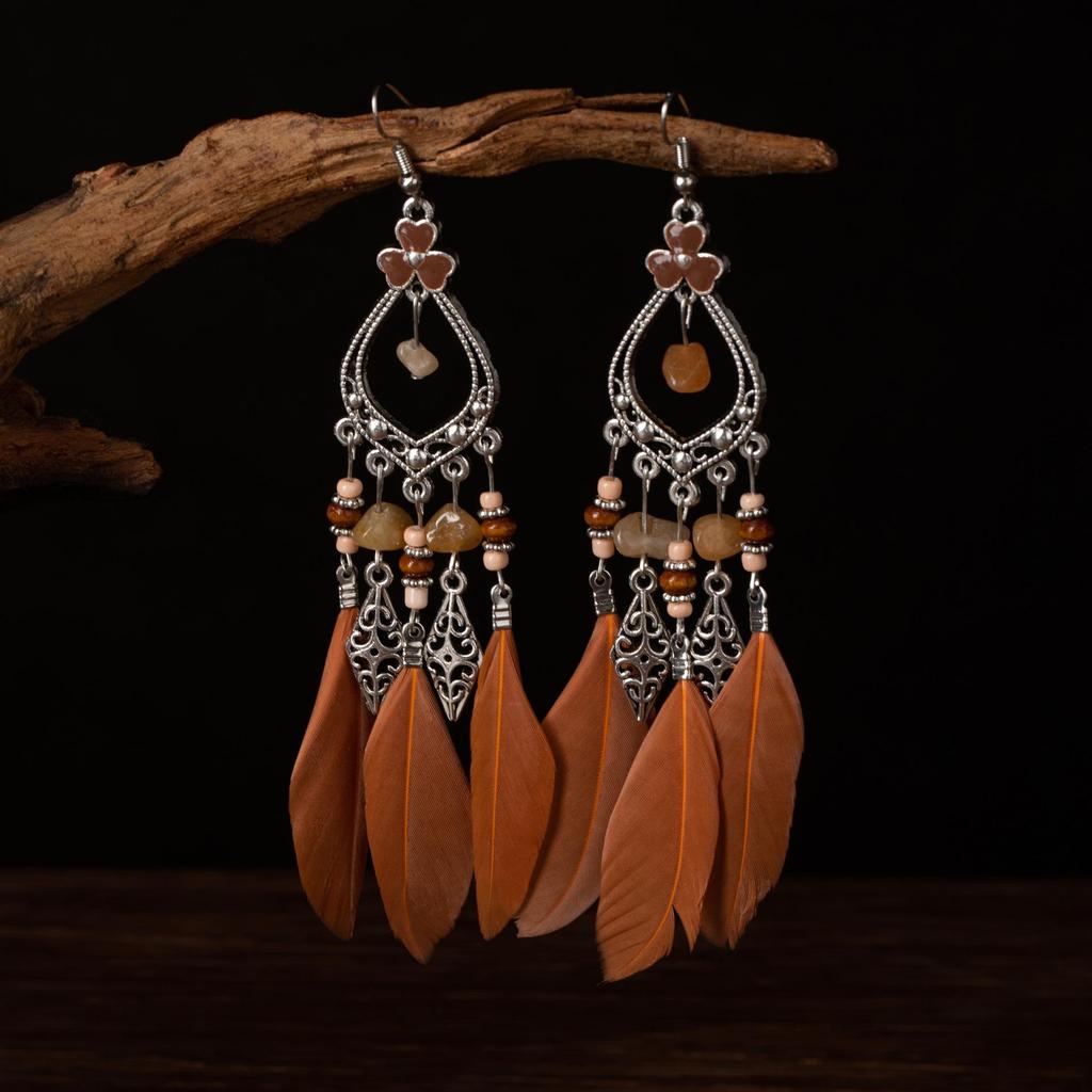 Boho Dlouhé Střapcové Náušnice s Peříčky - Trendy Design inspirovaný Douyinem pro Ženy