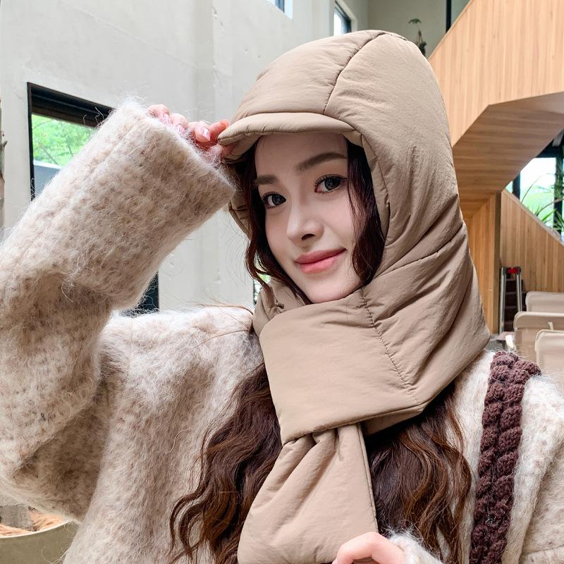 New Winter Hat Scarf Integrated Cold proof Thick Down Hat Riding Ear Protection Hat Northeast Warmth Lei Feng Hat Women