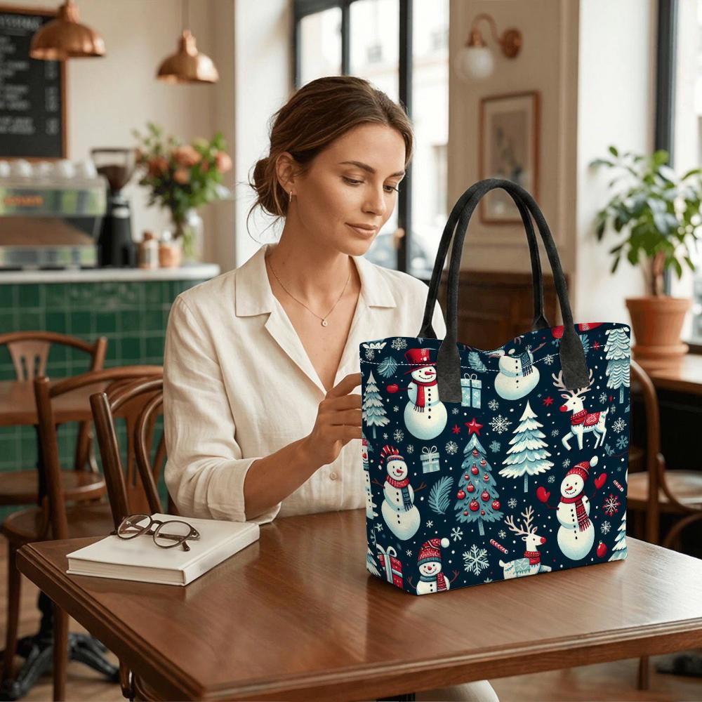  Christmas Snowman Print Casual Tote Bag Fashion Large Capacity Shoulder Handbag for Daily Use
