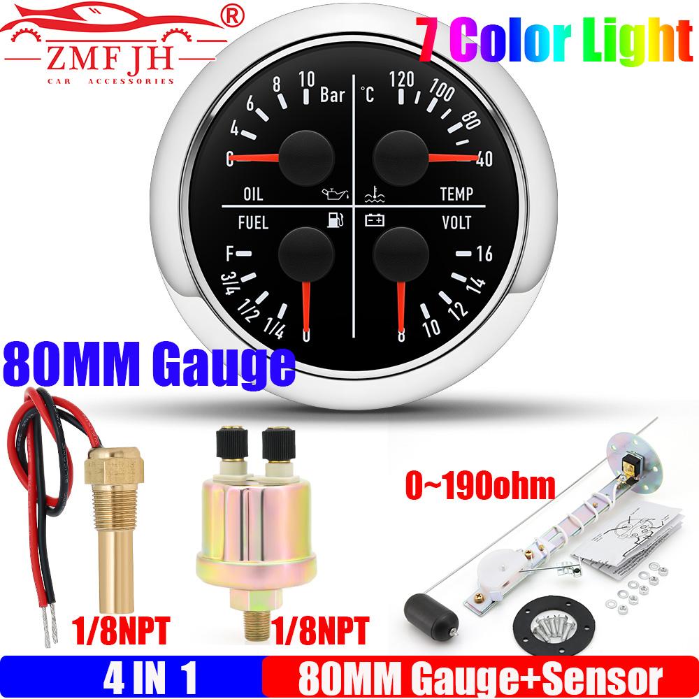 ZMFJH 7 Color LED 80MM Gauge Multifunctional Water Temp+Oil Pressure+Fuel Level Gauge+Voltage with 0-190ohm Oil Float Sensor 12V