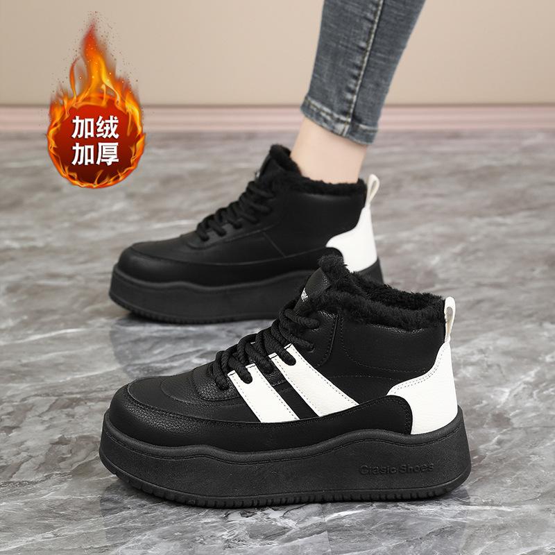 

High-top little white shoes women s leather thick-soled round head splicing velvet sports shoes 2024 spring and autumn versatile casual board shoes 35 чёрный