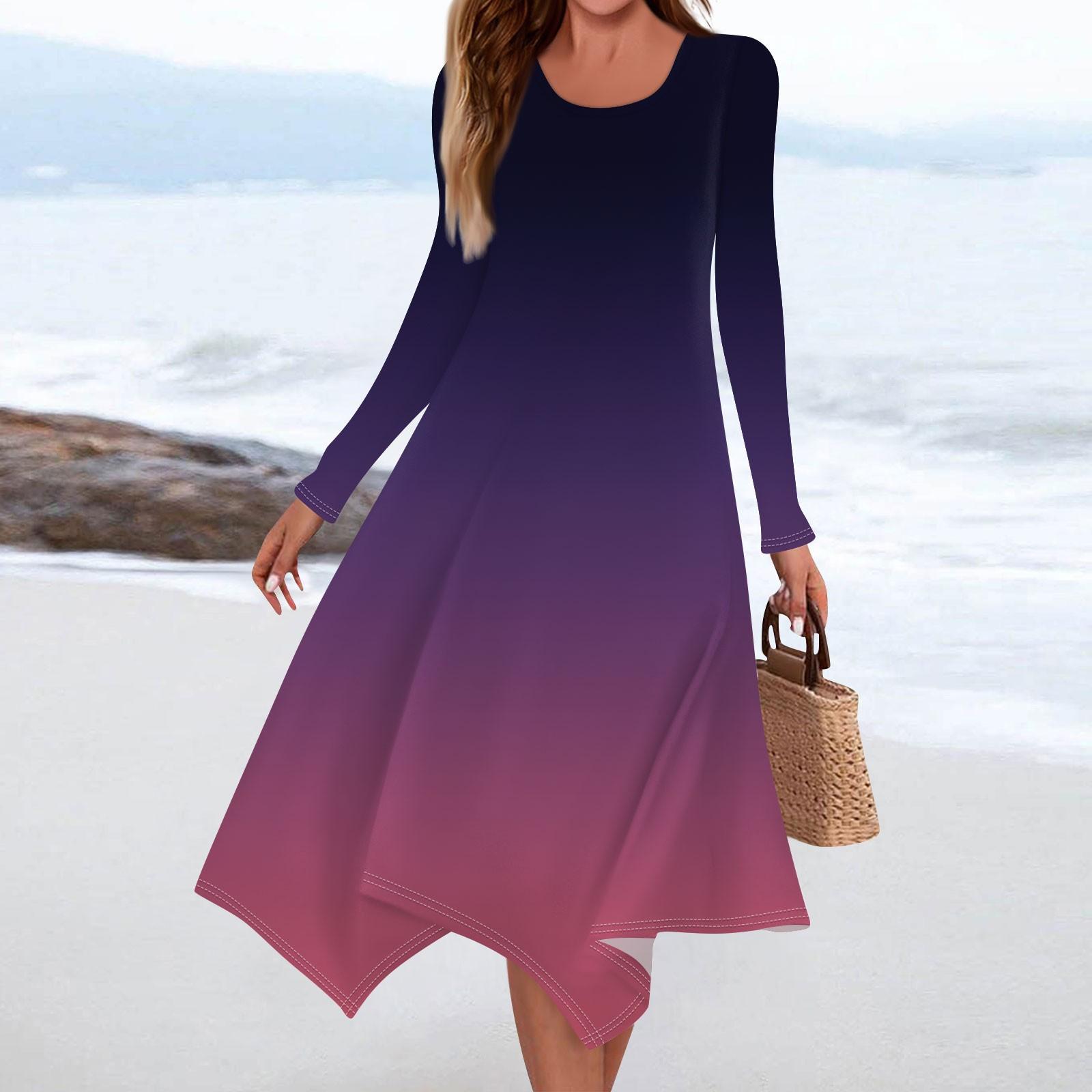 

Женское повседневное модное платье миди с круглым вырезом и длинными рукавами с градиентным принтом и нерегулярным подолом M