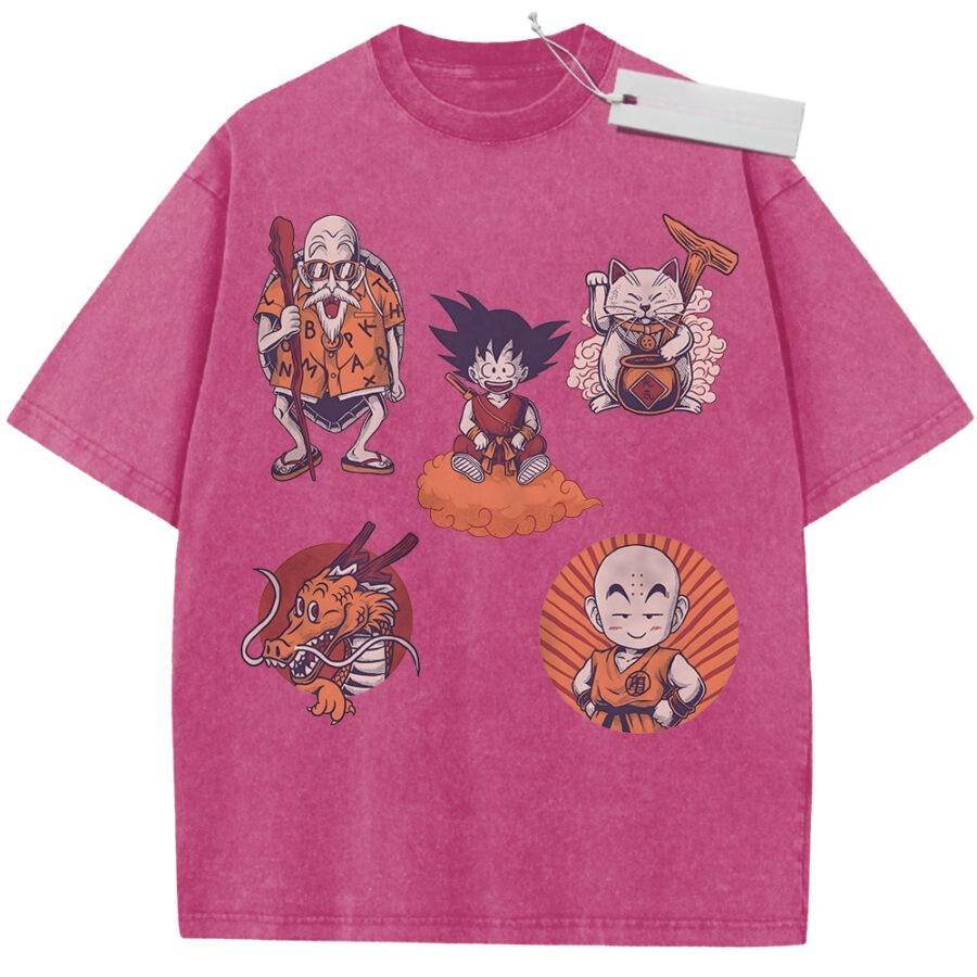 Unisex Washed Beige Vintage Tshirt Dragon Ball Master Roshi Goku Korin Shenron Oolong Highquality Fabric for Home Leisure