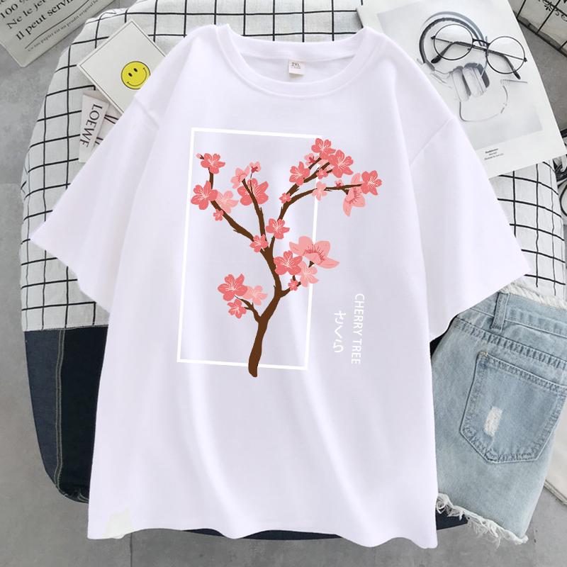 Cherry Tree In Full Bloom Printing Female Tshirt Street Breathable T Shirt Soft Fashion Short Sleeve Oversized Sport T Shirts
