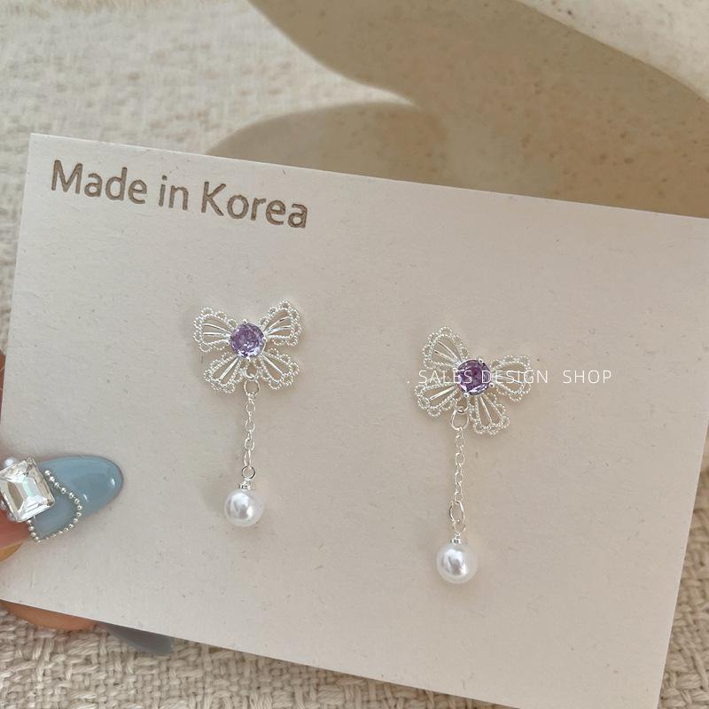 

Butterfly Tassel Purple Diamond Pearl Earrings - Light Luxury 2025 Advanced Women s Niche Style