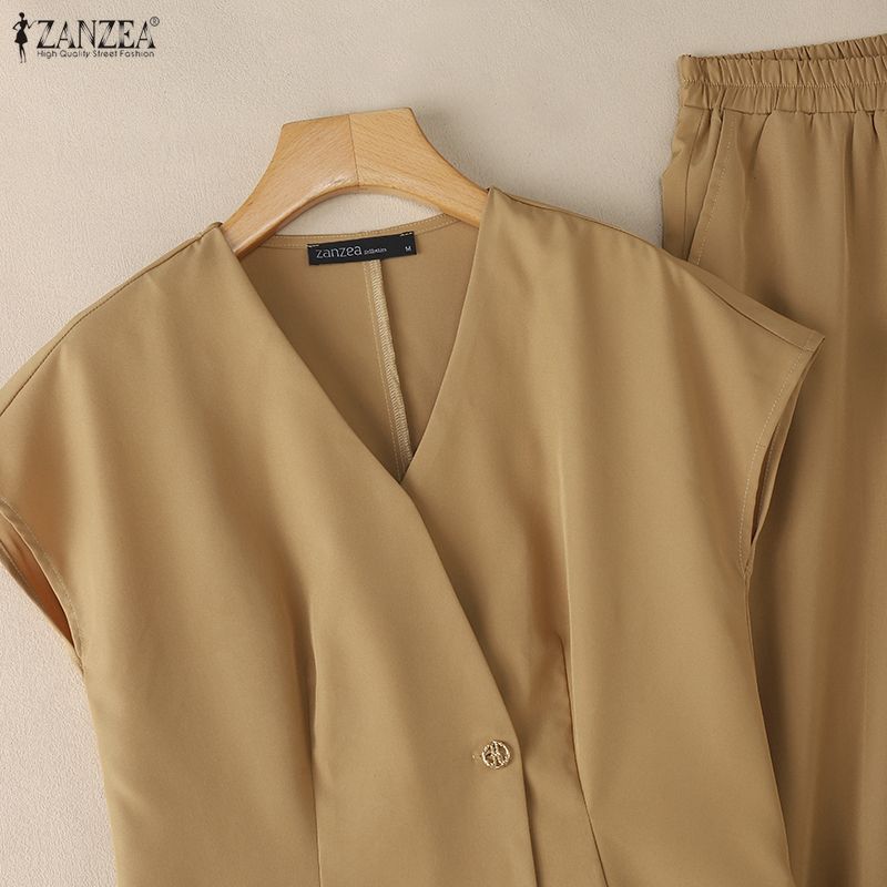 ZANZEA Kadın Kısa Kollu Bluz ve Pantolon Günlük İki Parça Takım Setleri