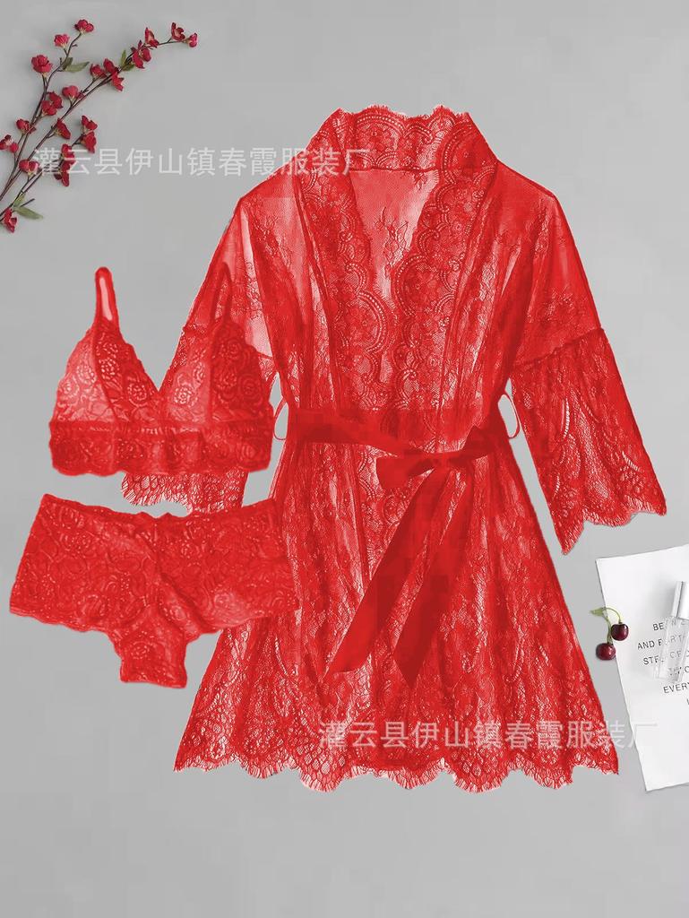 Thin see-through erotic lingerie ribbon tunic kimono dressing gown lace sexy cardigan long skirt female summer