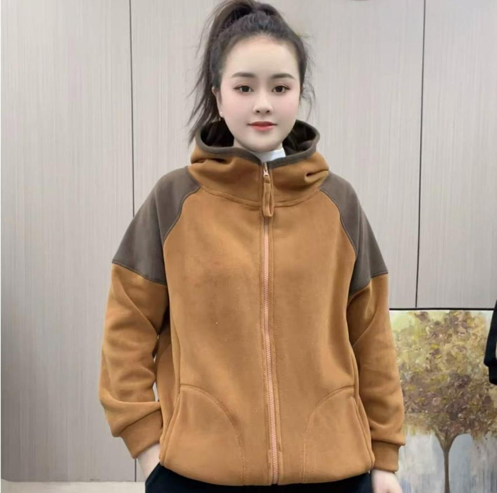 Autumn and Winter Fashion Casual All-match Double-sided Australian Fleece Warm and Age-reducing Contrast Color Hooded Long-sleeved Jacket Women