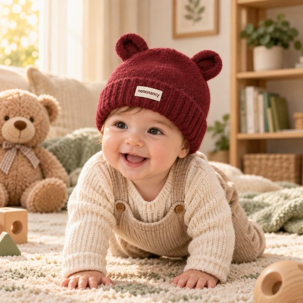 Warm Lining Bear Ear Baby Hat Solid Color Kids Winter Hat Cute Cartoon Baby Cap Winter