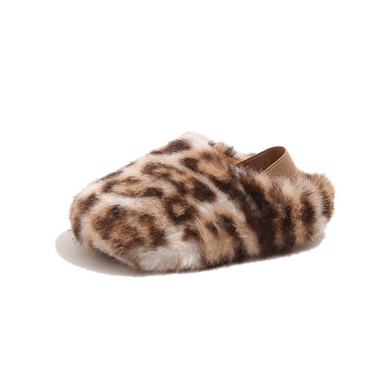 Children's cotton slippers Winter leopard print slippers Student leisure one-footed cotton tow classmate baby fluffy shoes