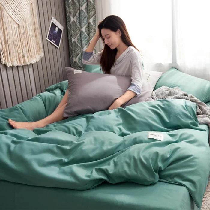 2024 new solid color double polished bed four-piece set Japanese bed sheet quilt cover mattress student kit multi-specification