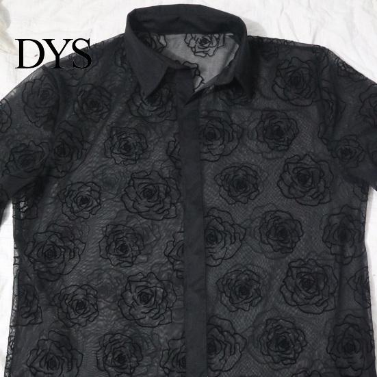 Men Casual Resort Wear Shirt Summer See-through Mesh Rose Pattern Turn-down Collar Short Style Floral Sleeves Single-breasted Mid Length Cardigan