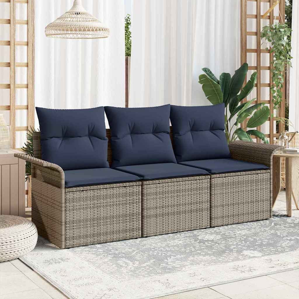 Sofa Set with Cushions 3 Pcs Gray and Navy Blue Poly Rattan