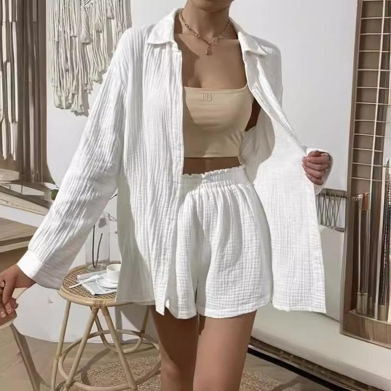 Women's Spring and Summer Fashion Solid Colour Long-sleeved Shirt Suit Women Casual Loose Shorts Two-piece Set