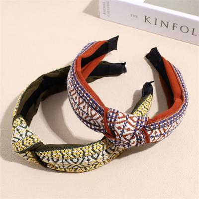 Modische Damen- und Mädchen-Ethno-Boho-Karomuster-Stirnbänder mit Knoten in der Mitte für Damen, tägliches Haarband-Accessoire