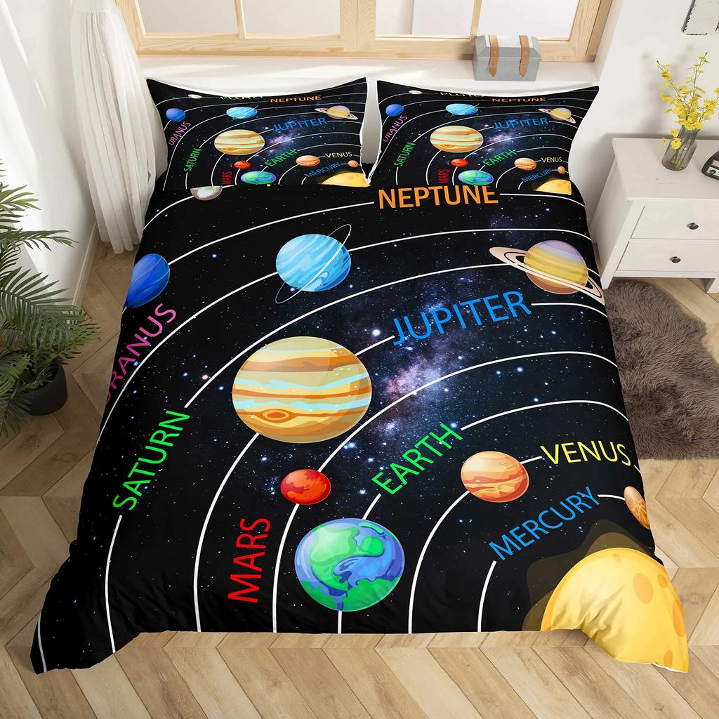 Solar System Bettbezug-Set Weltraum Galaxie Bettwäsche-Sets Universum Planeten Bettdeckenbezug Astronomie Steppdeckenbezug Queen-Size