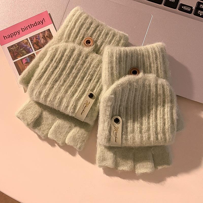 Plush Flip Gloves Female Dew Half Finger Student Writing Warm Thickened Autumn and Winter Knitted Cold Riding Can Touch Screen
