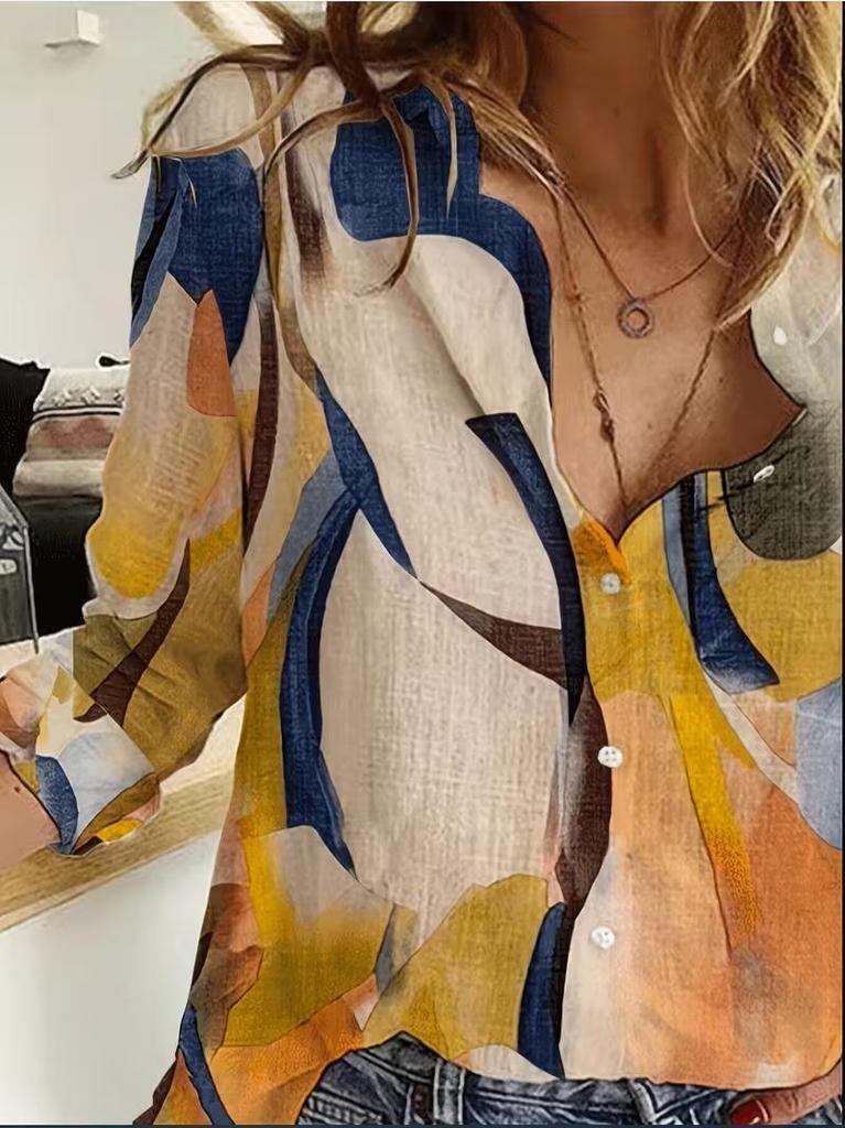 Women's Elegant V-Neck Geometric Print Shirt Ladies Casual Long Sleeves Summer V-Neck Blouse Shirt Tops Plus Size S-5XL