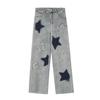 Jeans Americani Retro Y2K da Donna Stella Orlo Vivo Cuciture Pantaloni Denim Larghi a Gamba Larga Femminili Blu Ricamo Pantaloni