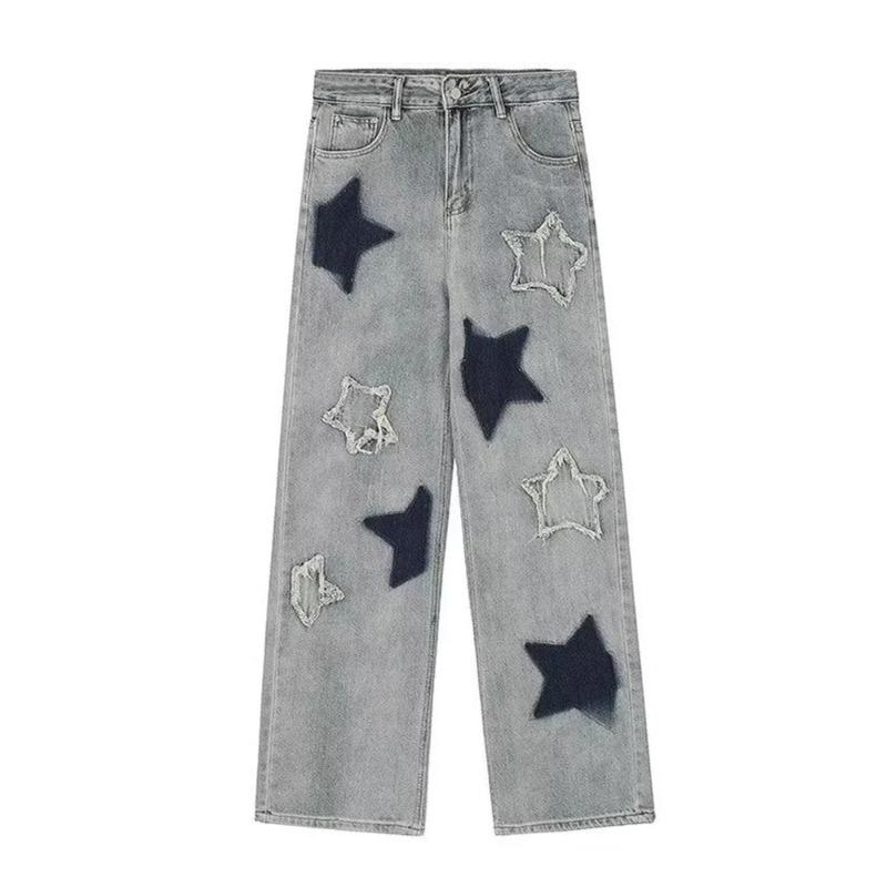 

Американские джинсы Y2K в стиле ретро, ​​женские джинсы со звездами и необработанными краями, свободные широкие джинсовые брюки, женские синие брюки с вышивкой S синий