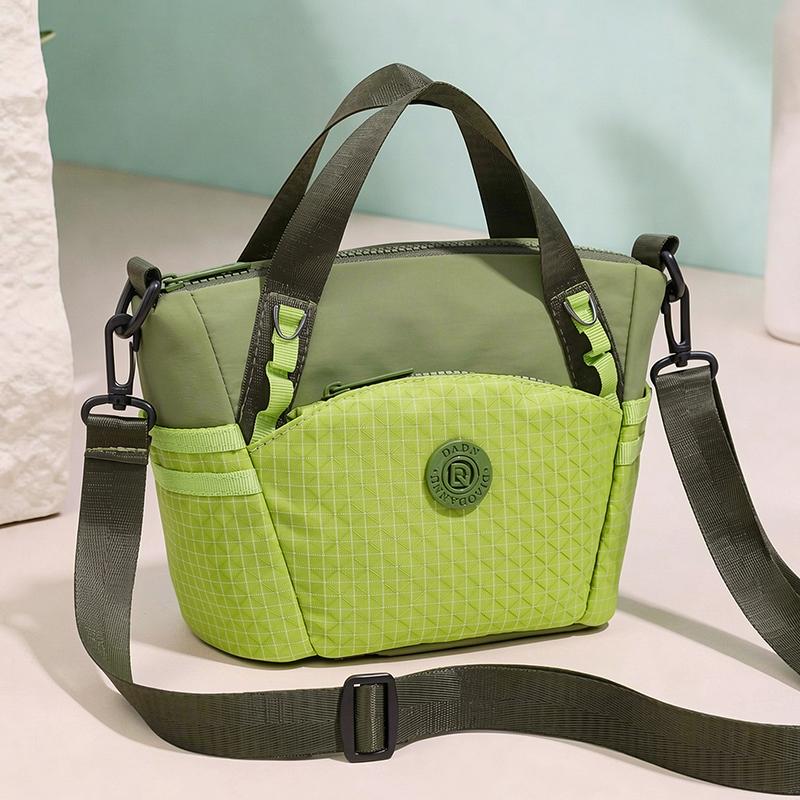 Colorblock Nylon Mini Tote Bag with Grid Pattern Front Pocket Crossbody Casual Small Shoulder Purse for Daily