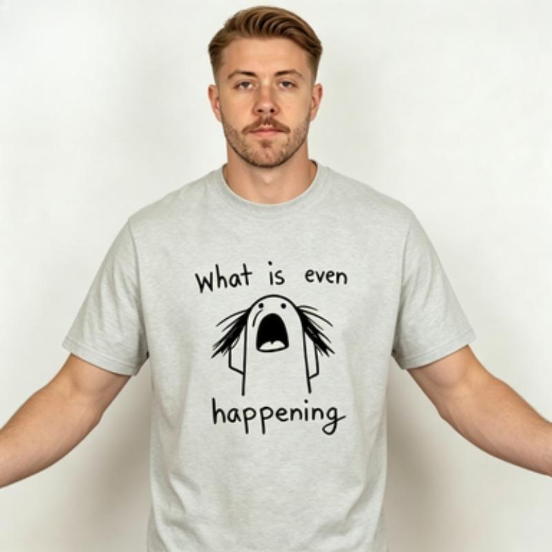Unisex Casual What Is Even Happening Doodle Shocked Figure Print Relaxed Funny Meme Graphic Daily Wear Cotton Blend Tshirt