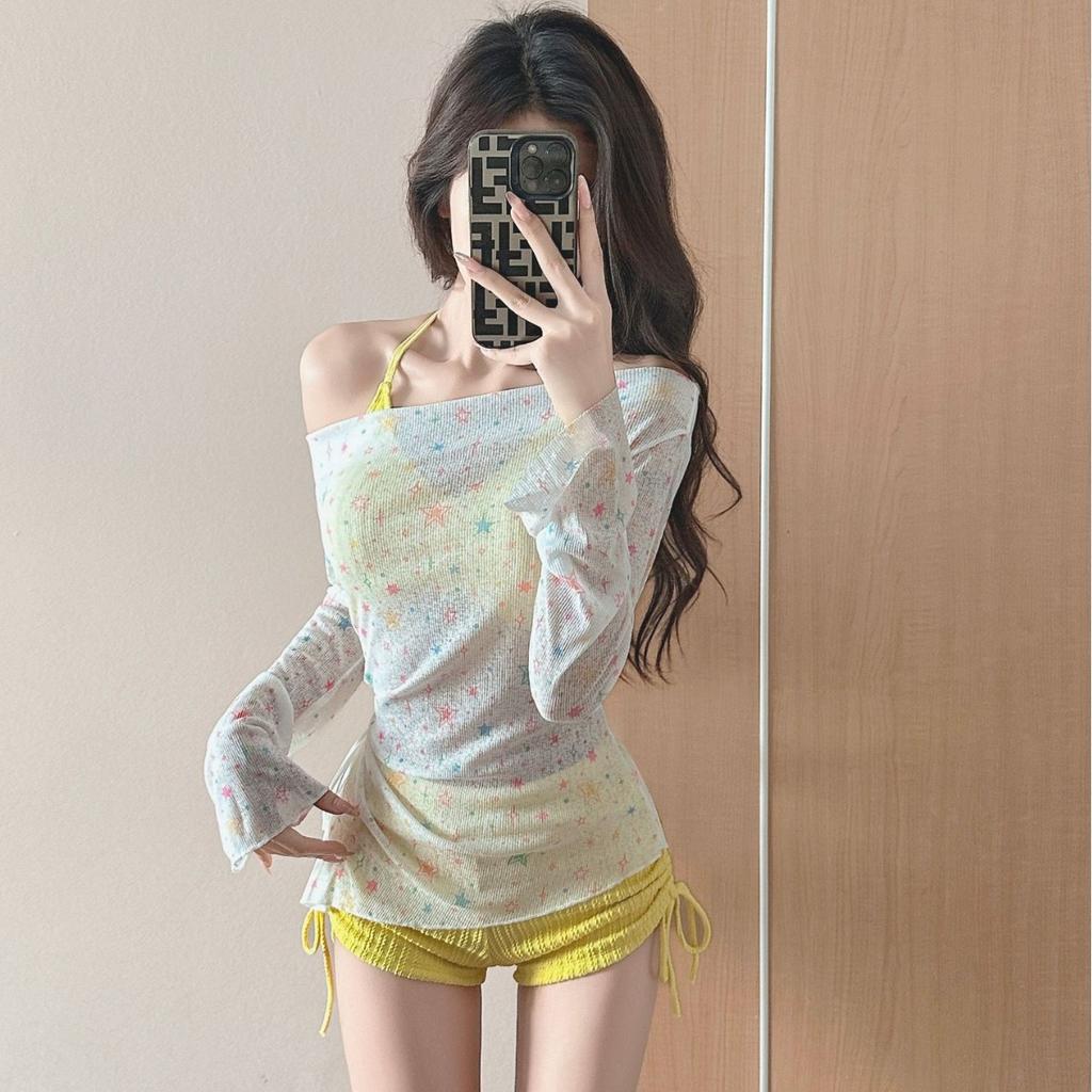 One-piece suspender swimsuit women's summer 1011 new conservative solid color lace off-the-shoulder sexy girl swimsuit