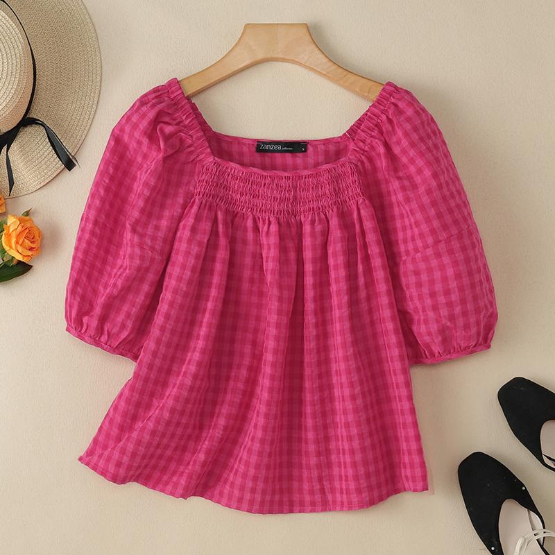 

ZANZEA Женская повседневная блузка с квадратным воротником и коротким рукавом в сетку L темно-розовый