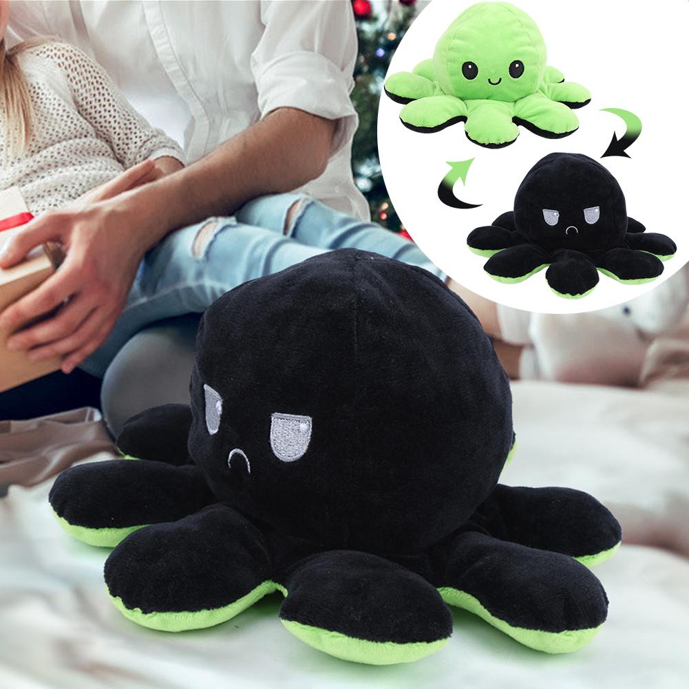 Octopus Plush Doll Reversible Stuffed DoubleSided Flip Animal Lovely Baby Toys(GreenBlack 20 x 10cm)