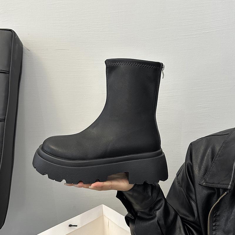 Retro Short Martin Boots Women's 2025 New Thick-soled Heightening Versatile Rear Zipper Elastic Thin Boots