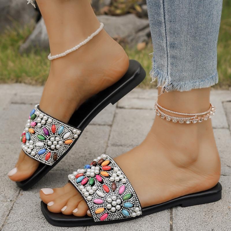 2025 Summer New Large Flat Square Rhinestone Slippers Women's Beach Sandals