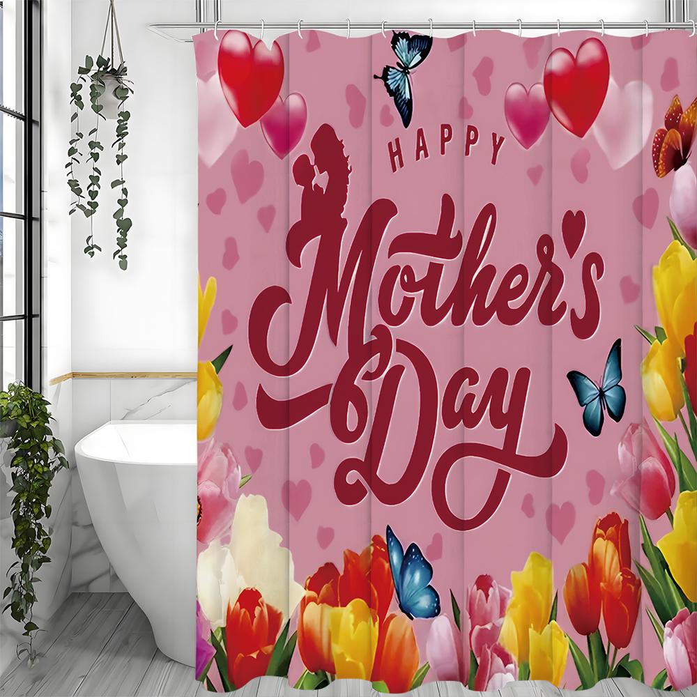 Morsdag Tulpanblomma Duschdraperi, Dekorativt Duschdraperi för Badrum, Vattentätt Duschdraperi med Krokar