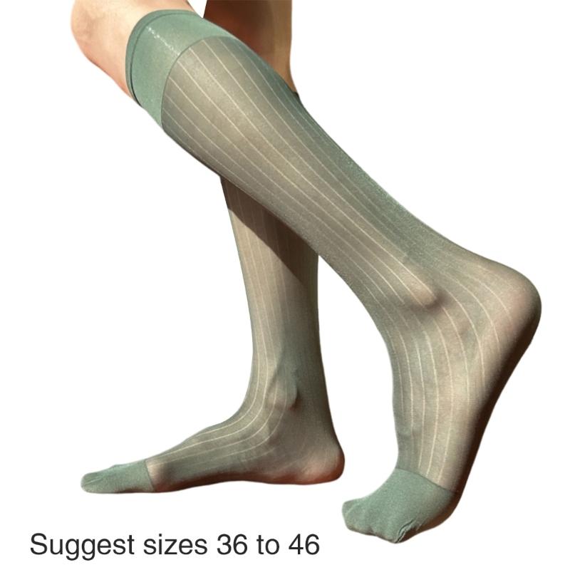 Mens Nylon Sheer Suit Socks Business Dress Socks Elastic Wide Striped See Through Formal Dress Over the Calf Stockings